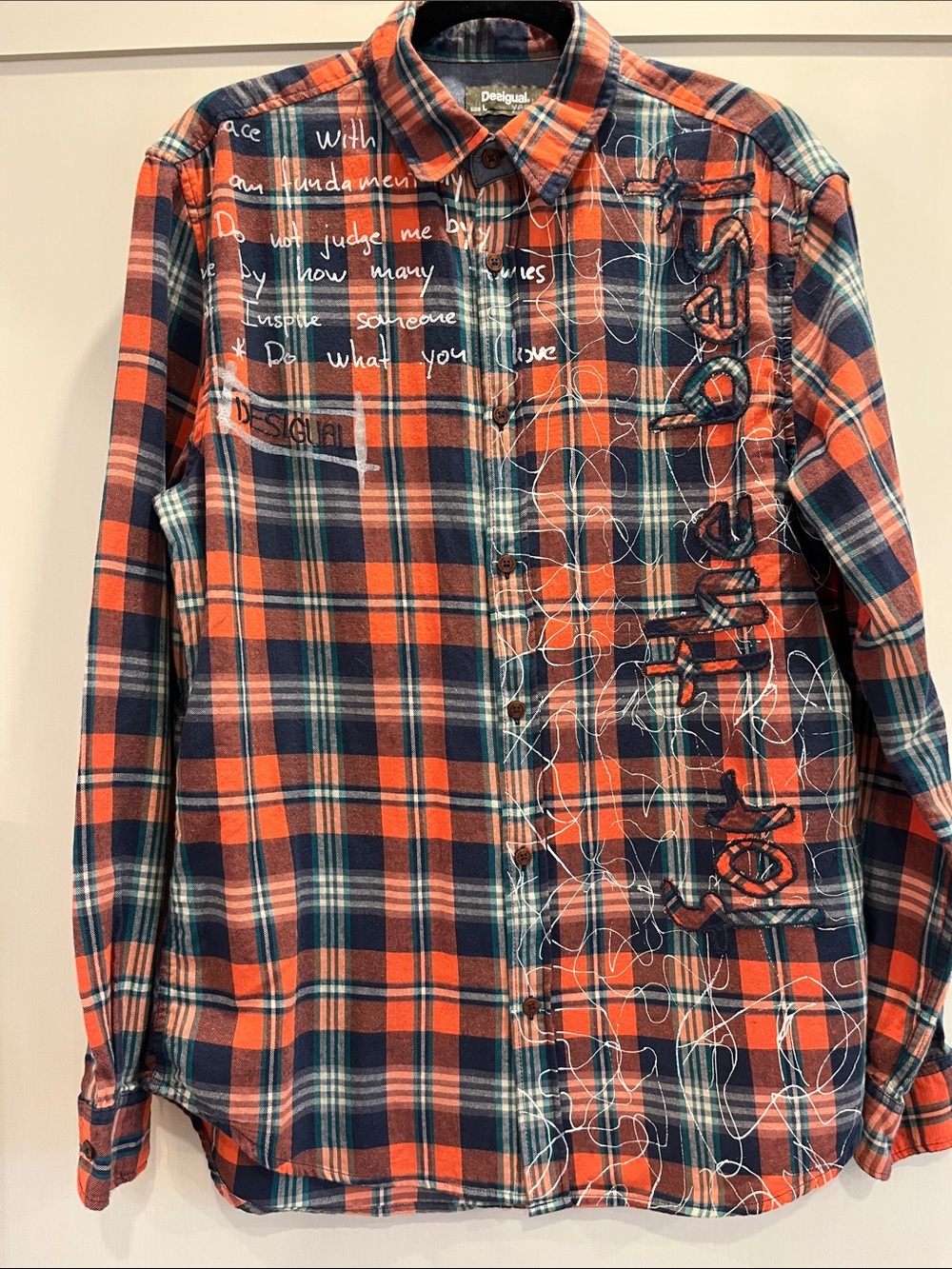 Desigual Orange and Navy Plaid Button-Down Shirt with Script Detail